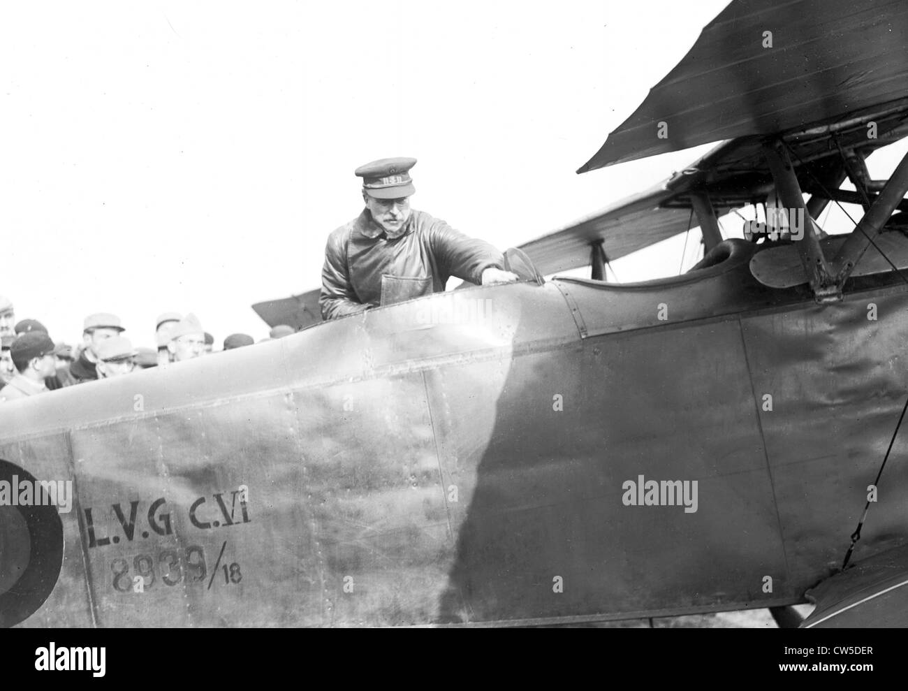 Albert I, King of Belgium, heading back to Brussels. He is getting on the German aircraft, type L.V.G.C.VI Stock Photo