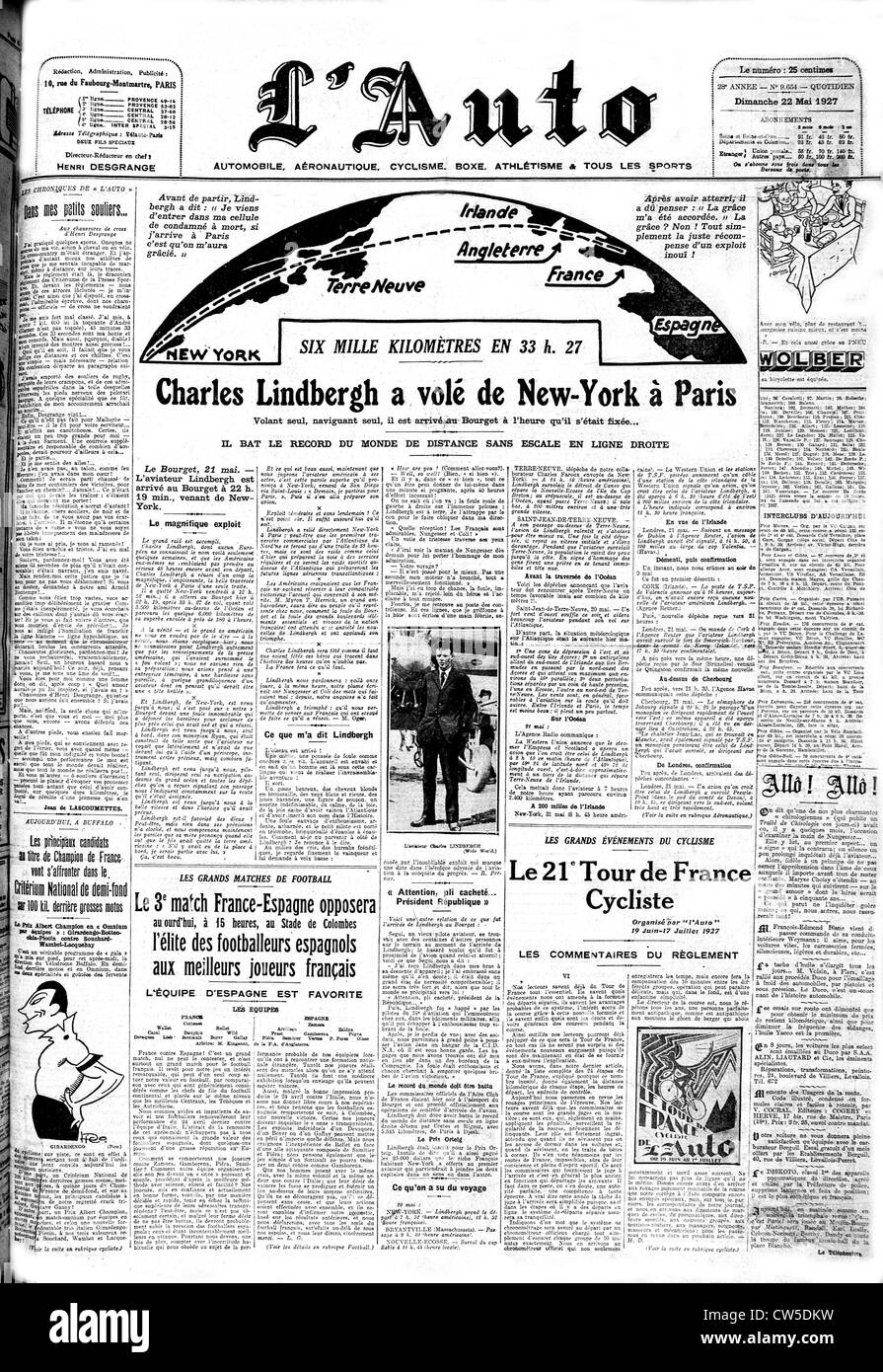 Charles Lindbergh. Atlantic crossing. Front page of the newspaper 'L'Auto' Stock Photo