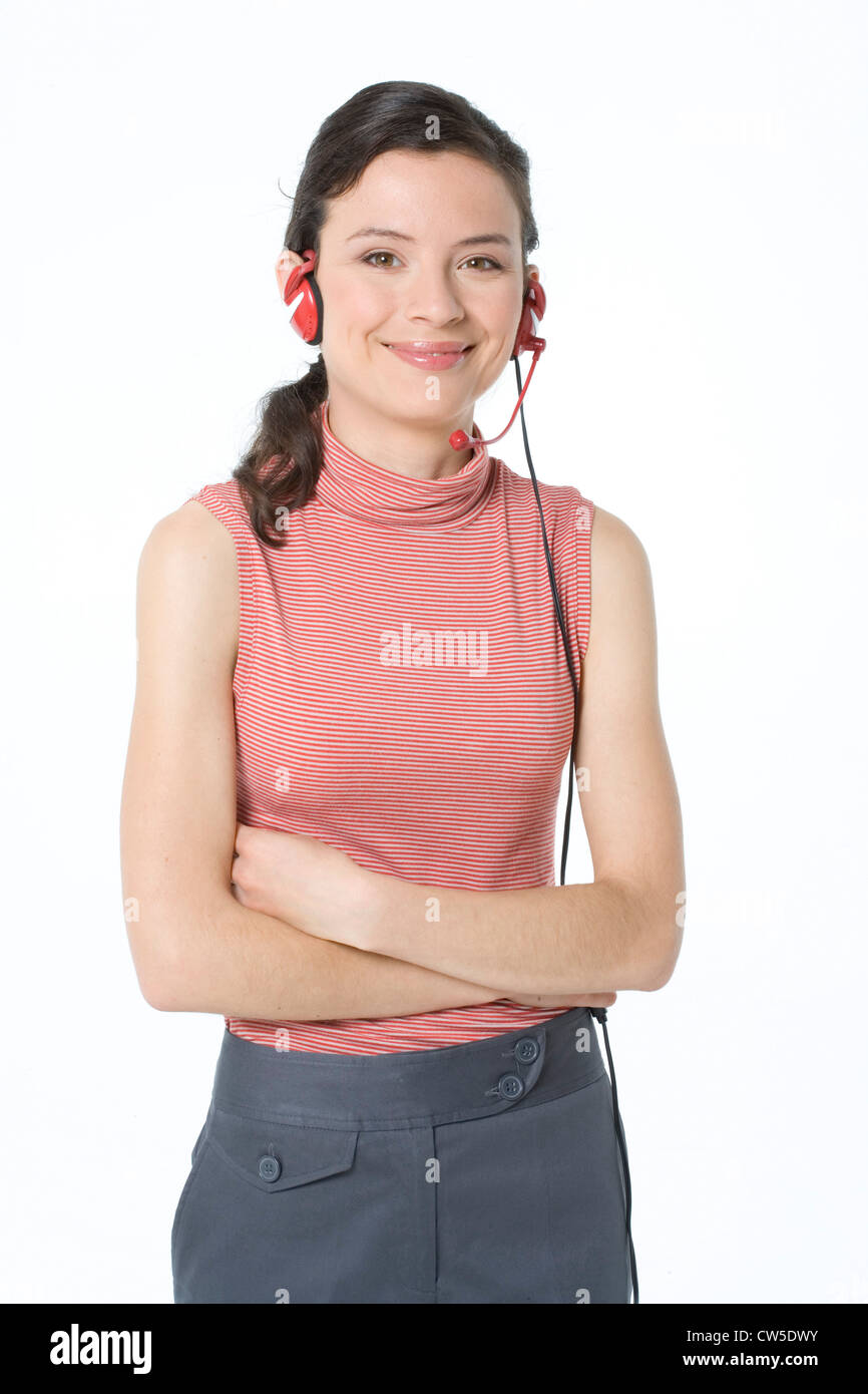 Female customer service representative wearing a headset and smiling ...