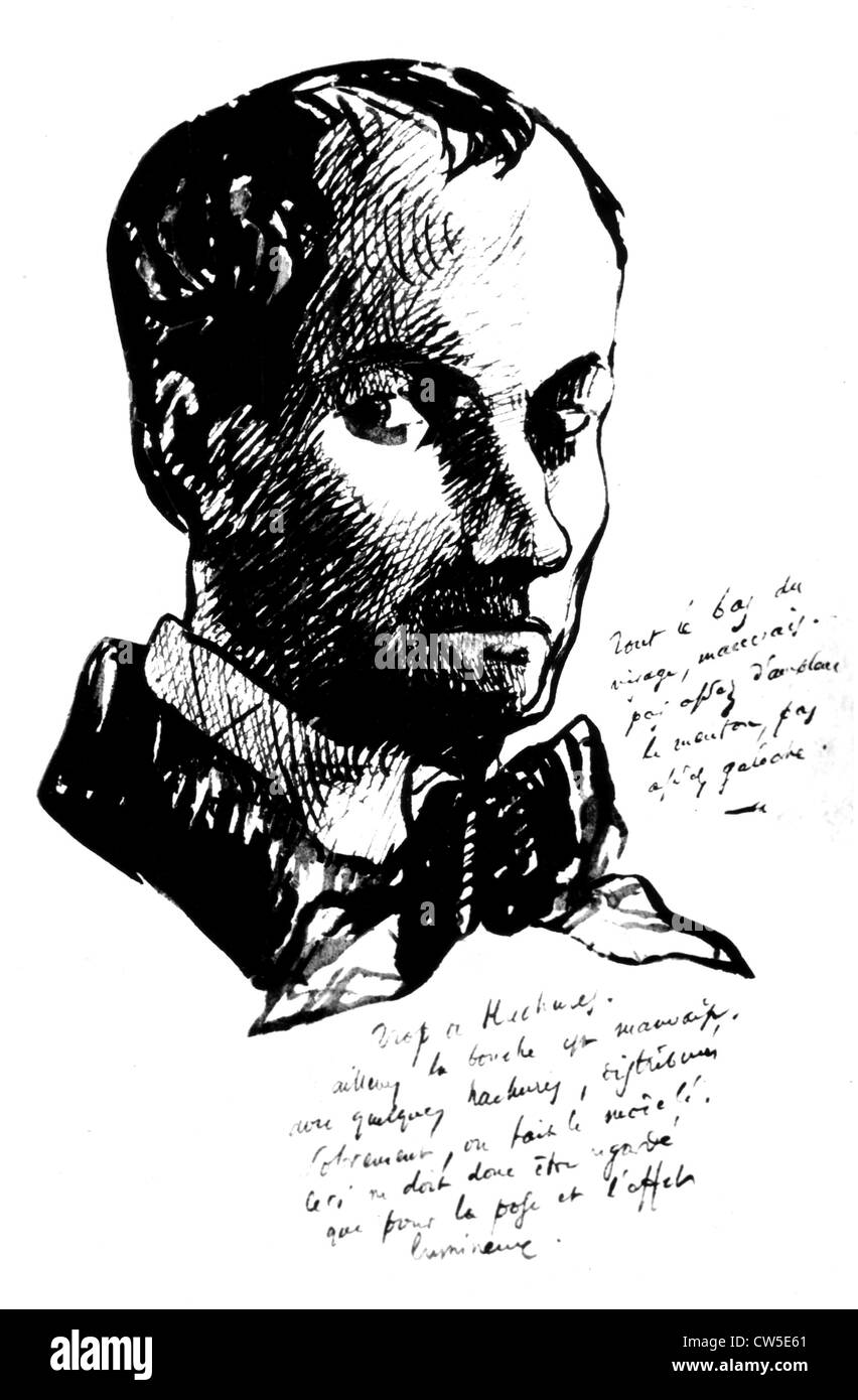 Charles Baudelaire (1821-1867). Self-portrait, pen-and-ink drawing Stock Photo