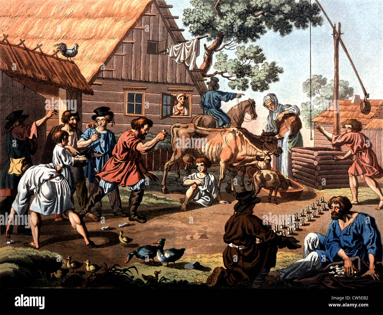 Colored engraving. Game of jacks Stock Photo
