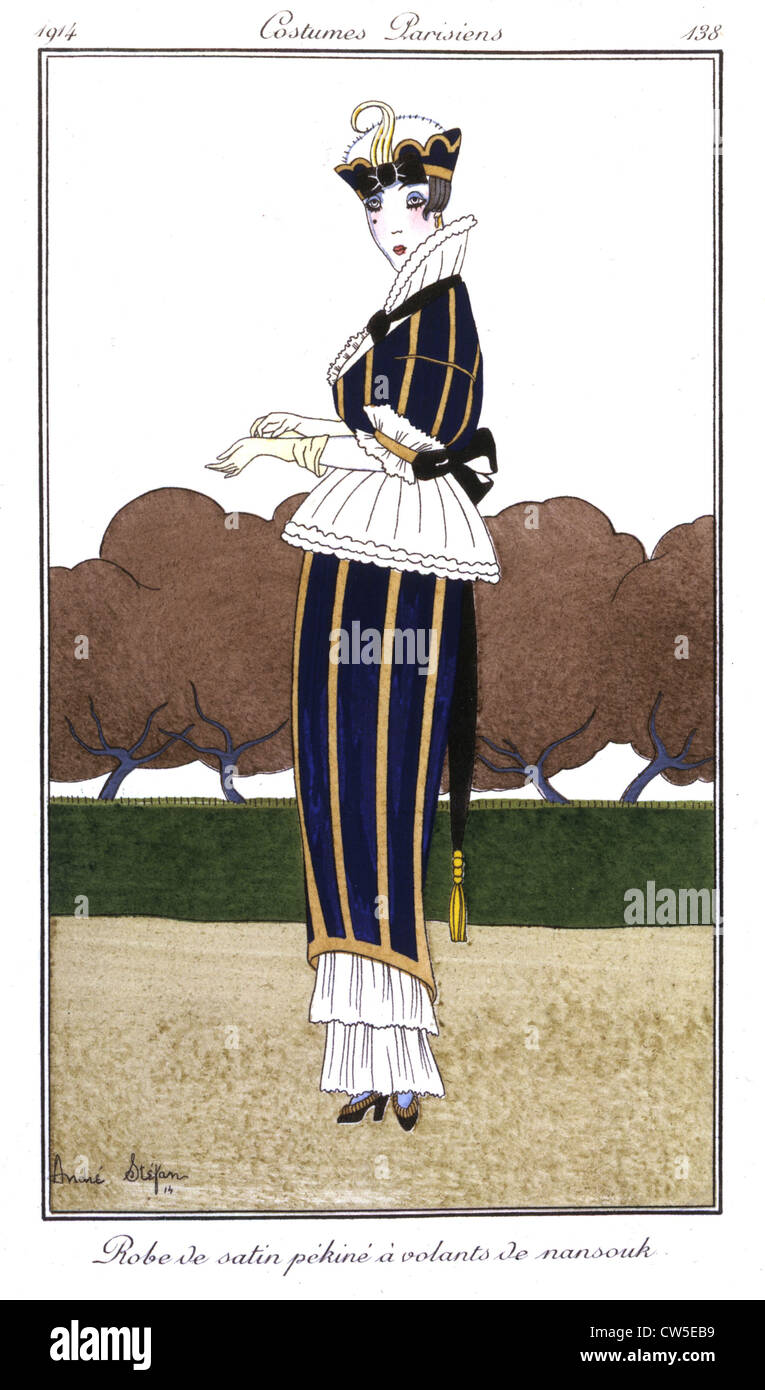 Stéfan. "Costumes parisiens": dress in mufti satin with nainsook flounces  (1914 Stock Photo - Alamy