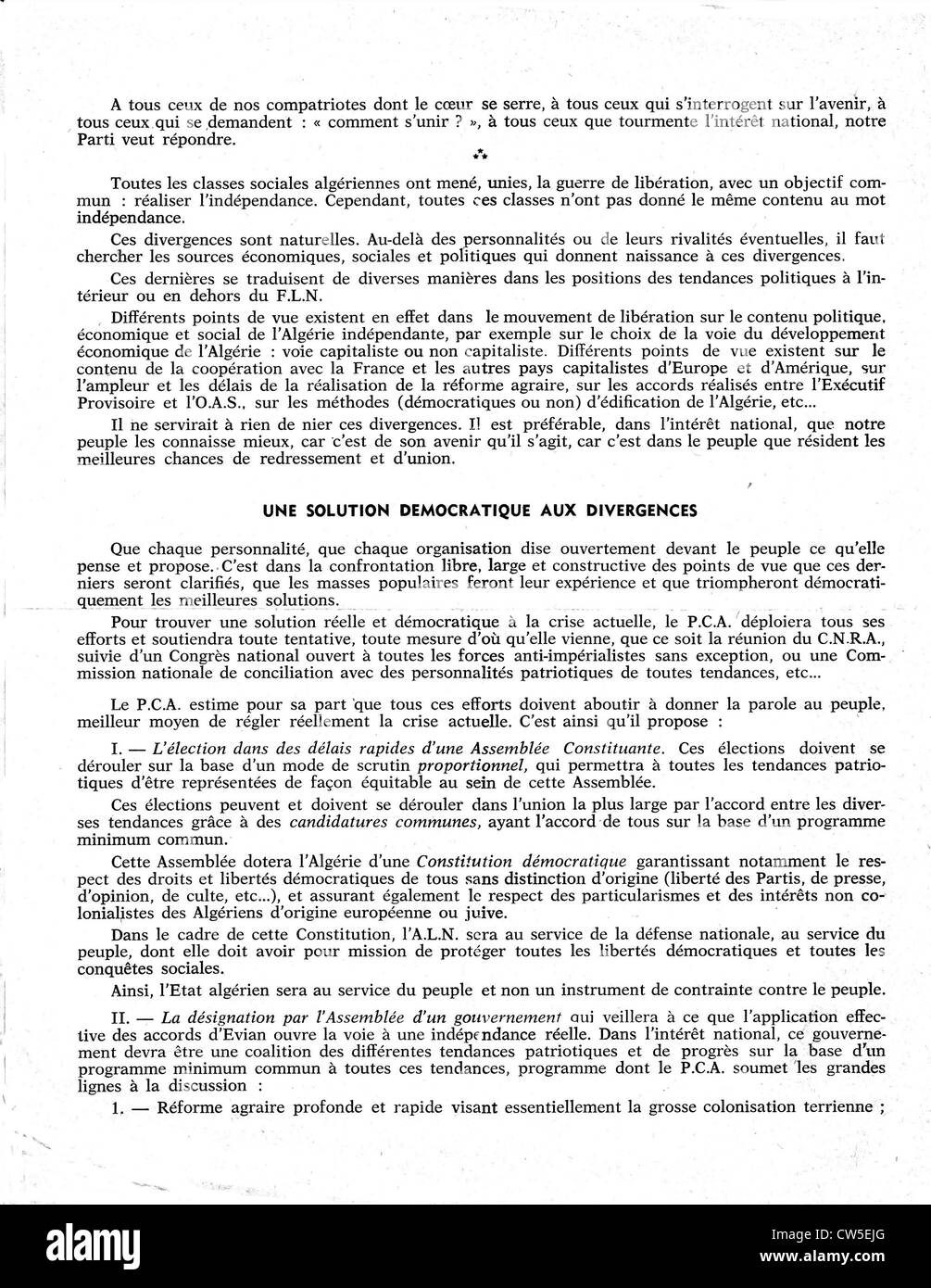 Leaflet of the Algerian Communist Party: "Call to the Algerian people", page 2 Stock Photo