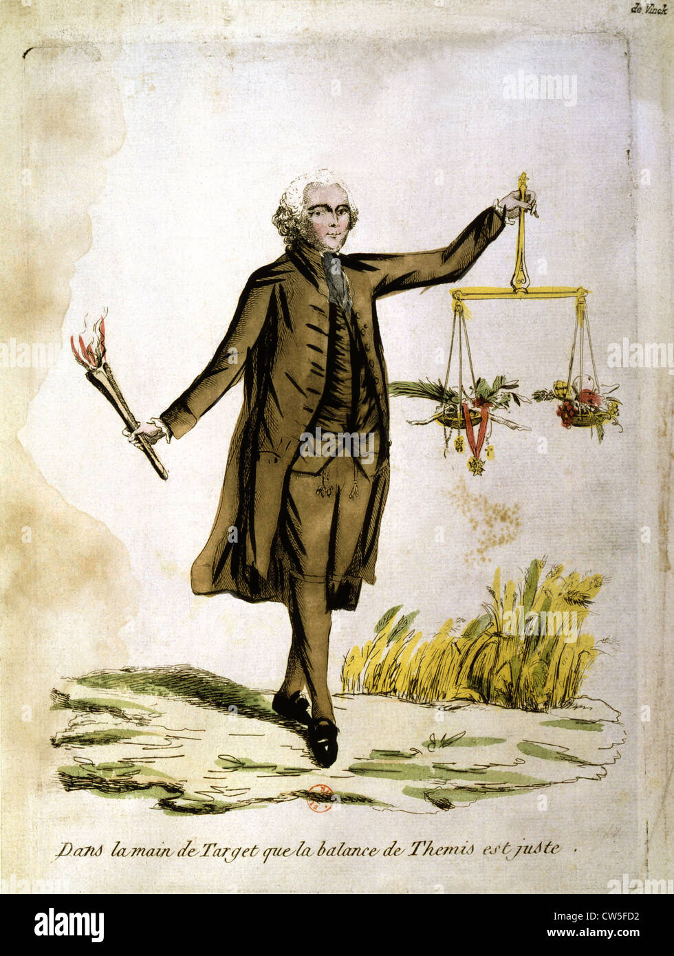 Colorized engraving, 'In the hand of Target, the scale of Themis is right Stock Photo