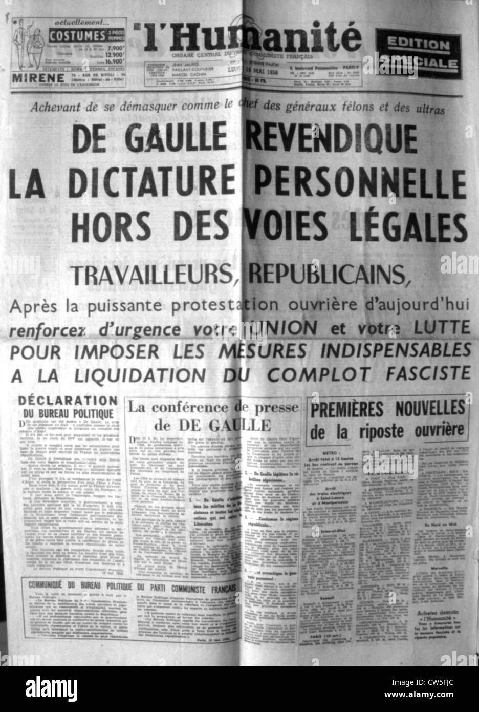 War in Algeria, Front page of the newspaper 'L'Humanité' Stock Photo