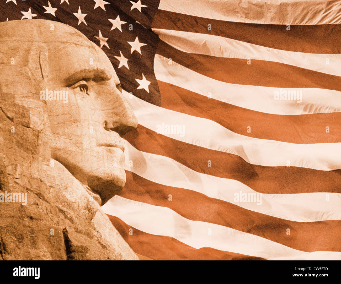 Sepia tone photo montage: Profile of President George Washington and American flag Stock Photo