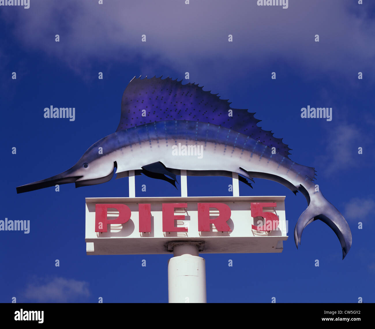 Low angle view of Pier 5 sign, Miami, Florida, USA Stock Photo