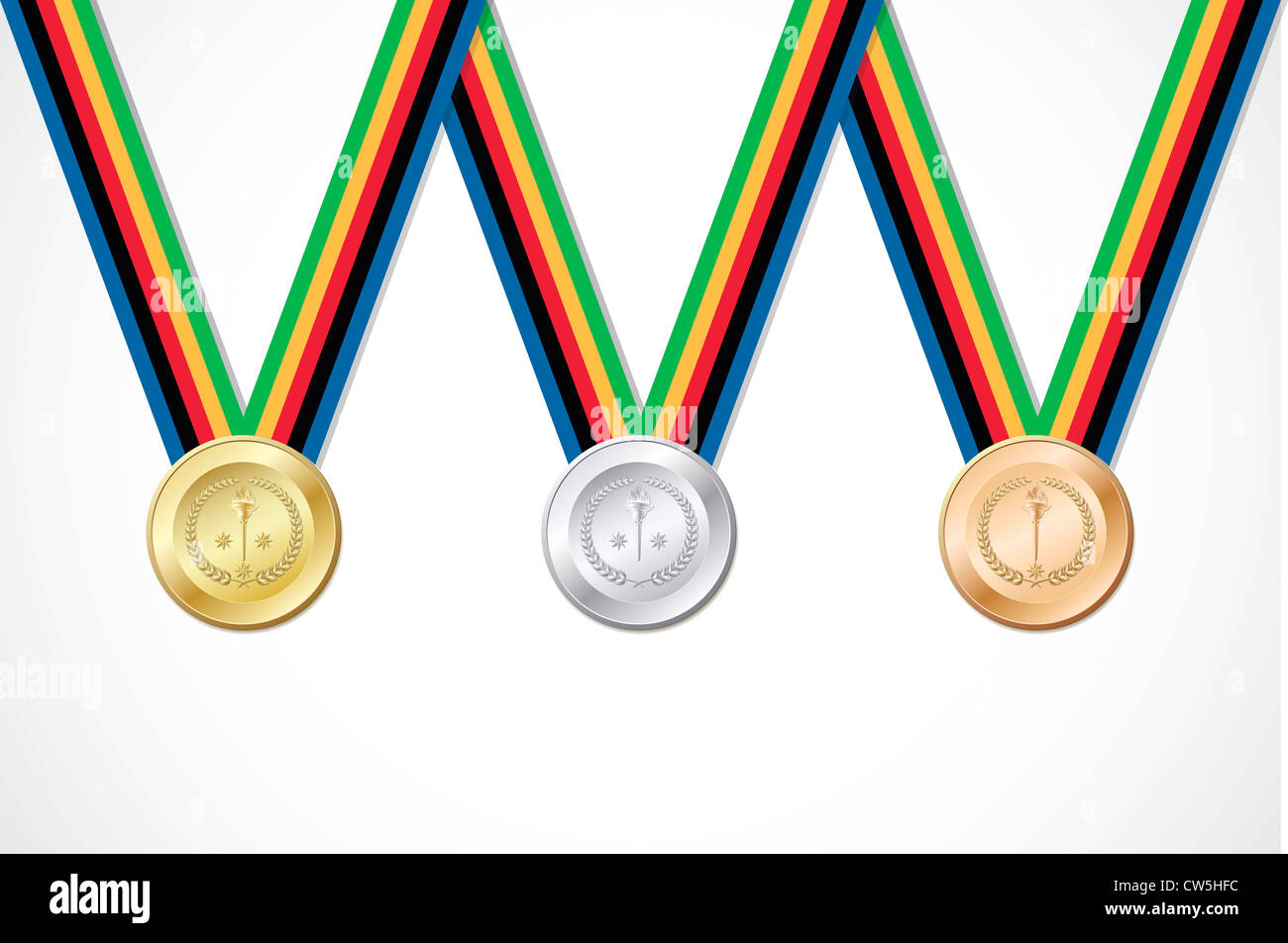 Set of gold silver bronze medals with ribbon white background Stock Photo