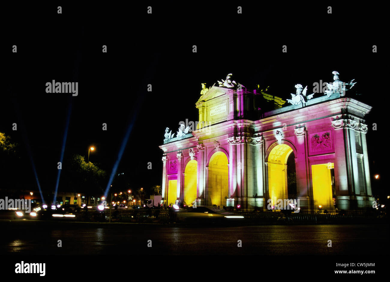 Building lit up at night, Puerta de Alcala, Madrid, Spain Stock Photo