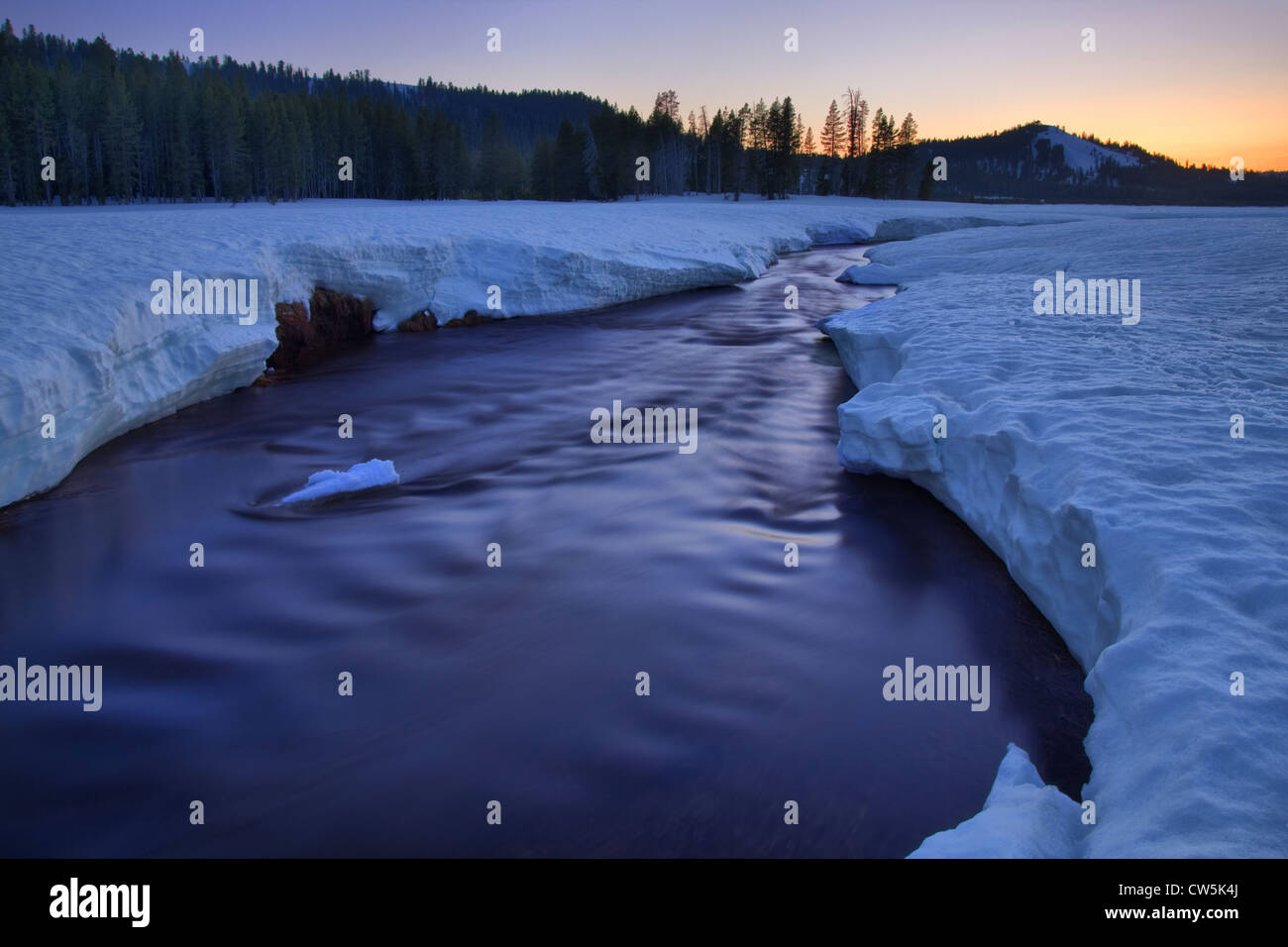 Stream flowing through a snowy field, Lake Van Norden, Soda Springs