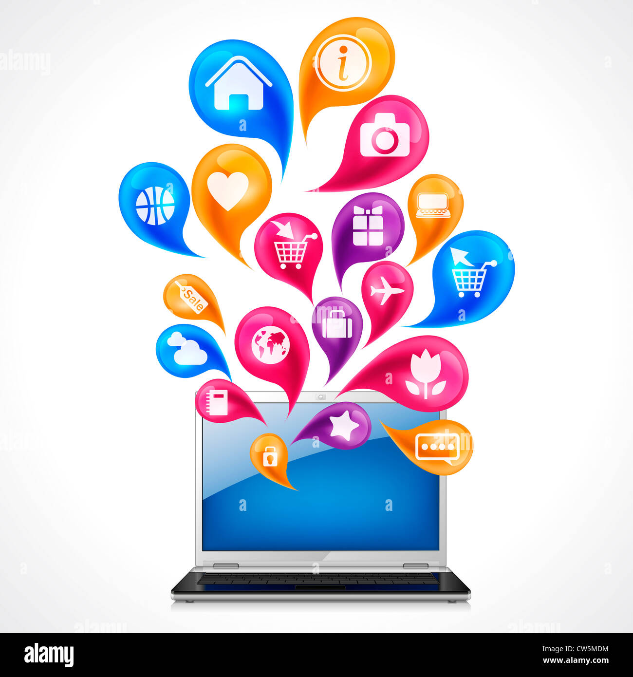 Laptop with colorful application icons on white background Stock Photo ...