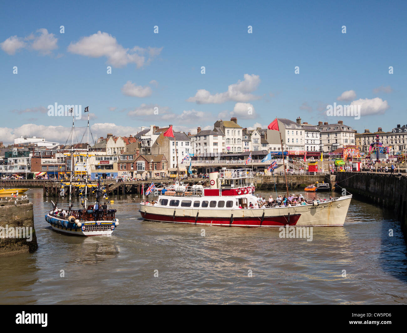 Yorkshire Belle and Pirate ship in Bridlington Harbour UK Stock Photo