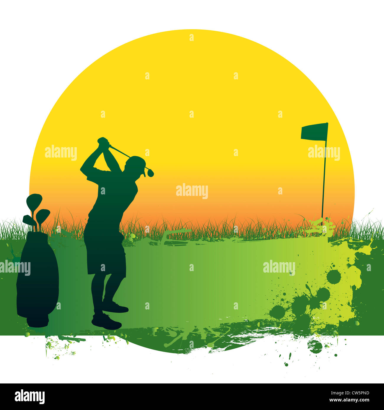 Illustration of green golf and sun banner flag glof bag golfer Stock