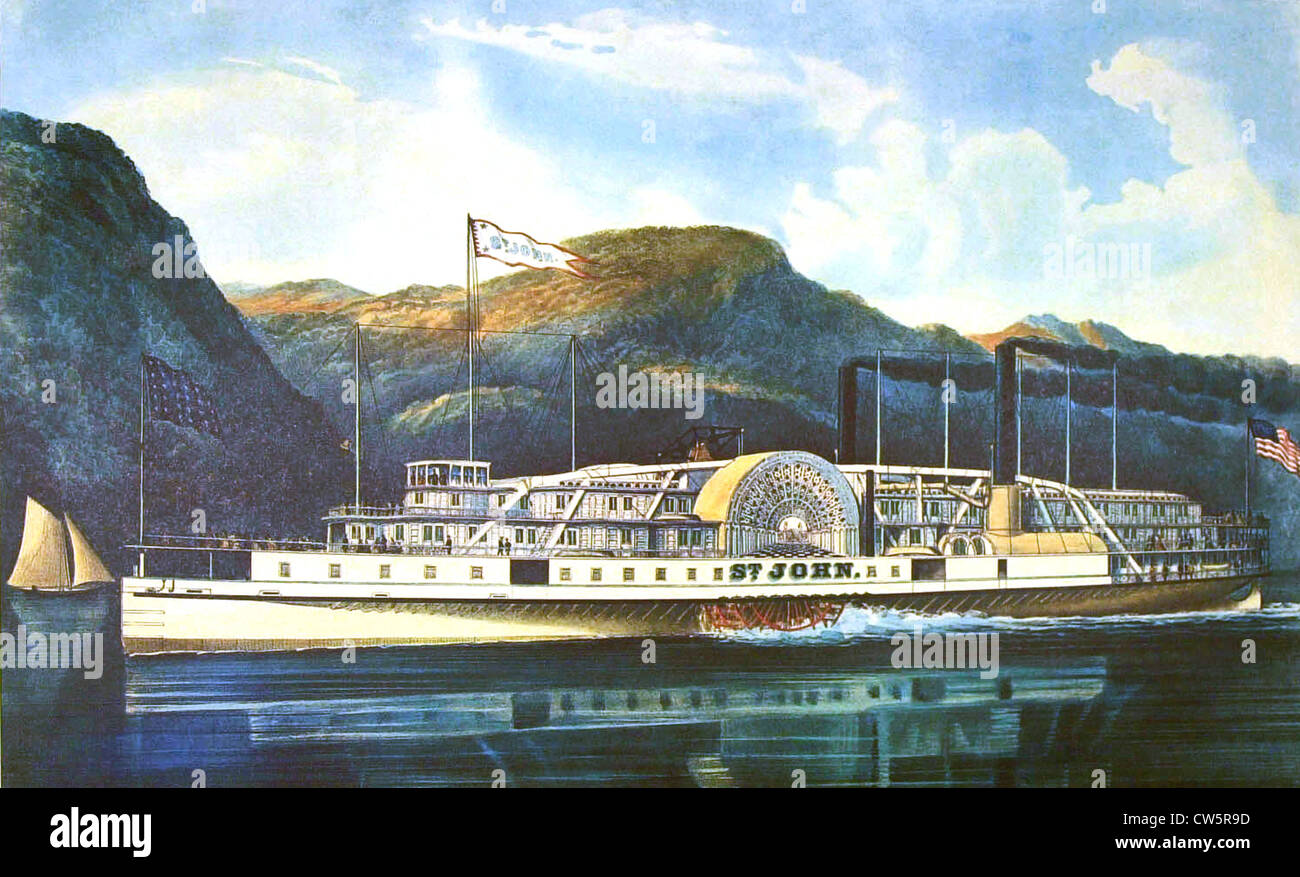 Litograph by Currier and Ives, Steam boat 'St. John' on the Hudson river Stock Photo