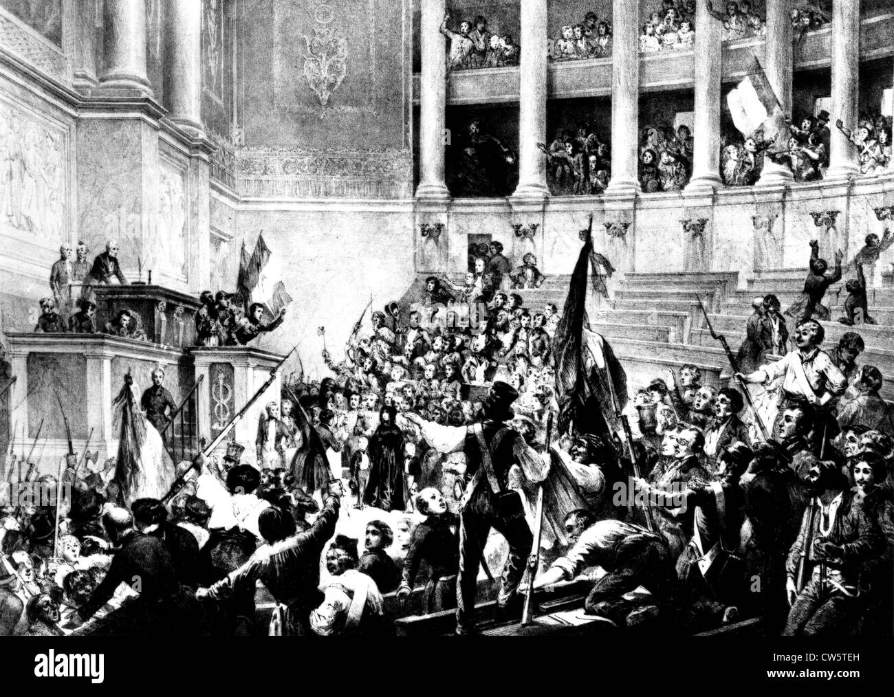 Last meeting with the house of Commons. Lamartine, at the platform, announces the deposal of the Orleans dynasty. Lithograph by Stock Photo