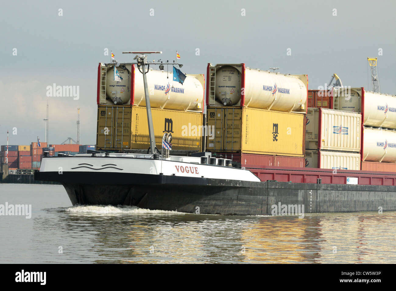 Inland waterways barge with containers, Port of Rotterdam Stock Photo ...