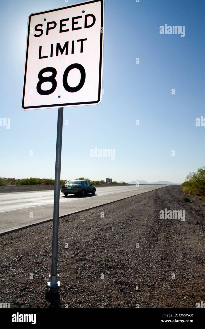 Speed Limit 80 mph road sign along Interstate 10 in west Texas, USA. Stock Photo