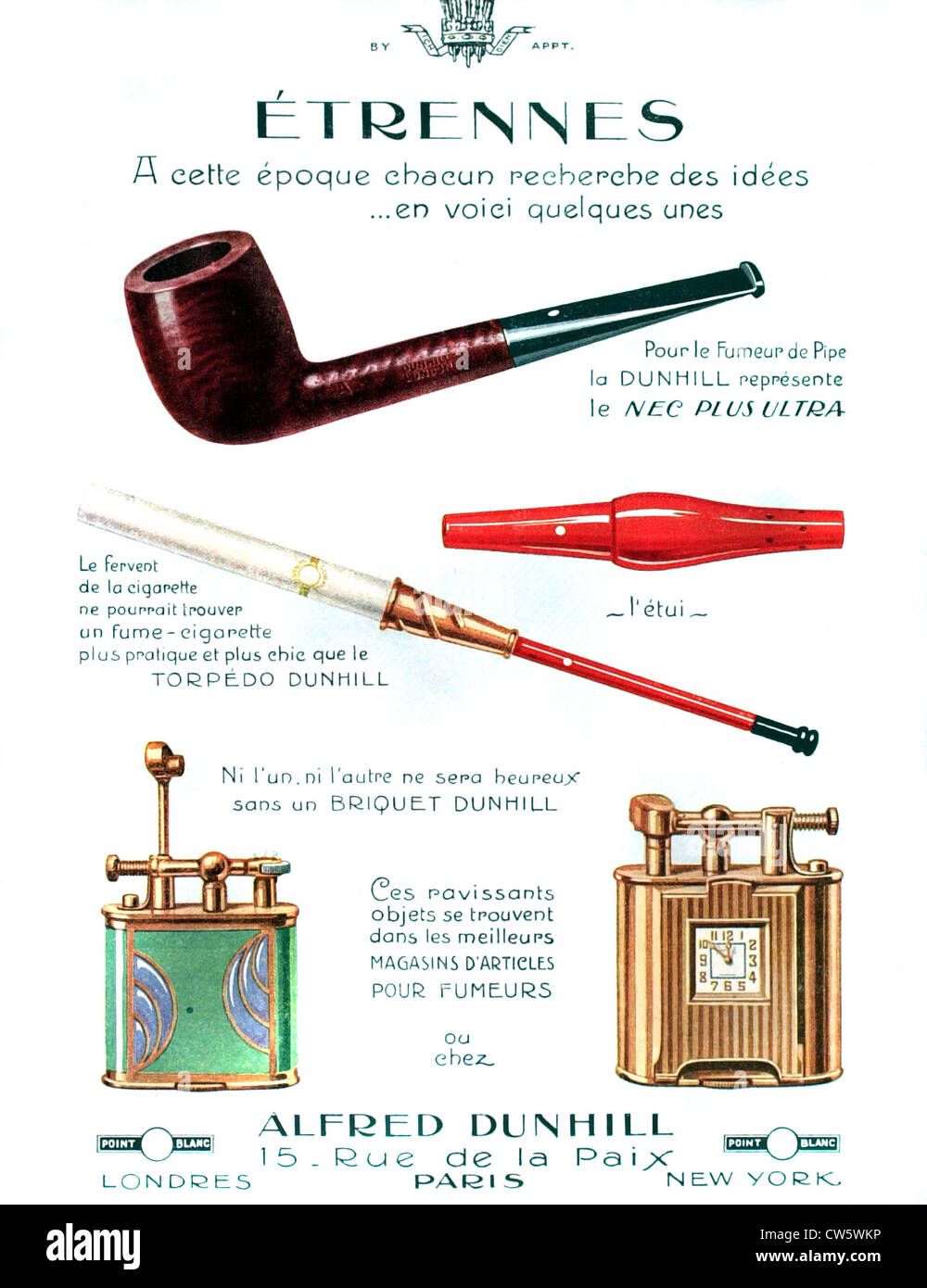 Advertisement for Dunhill pipes, cigarette holders and lighters (1926) Stock Photo