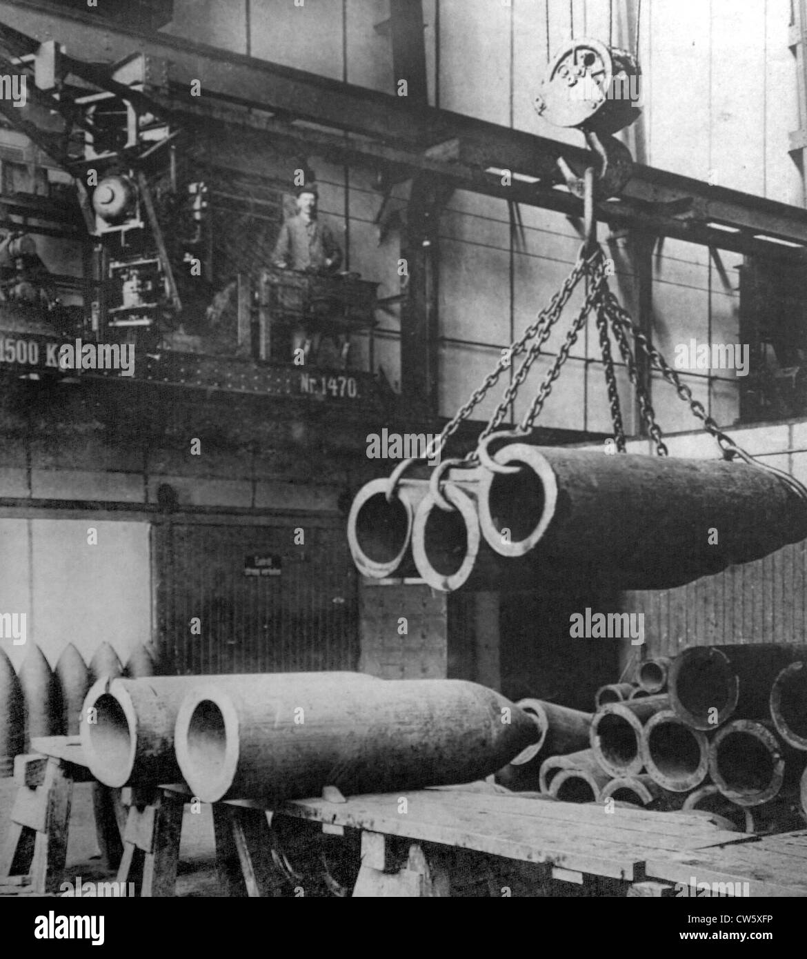 World War I. Manufacturing 420-mm shells at the Krupp factory in Stock ...