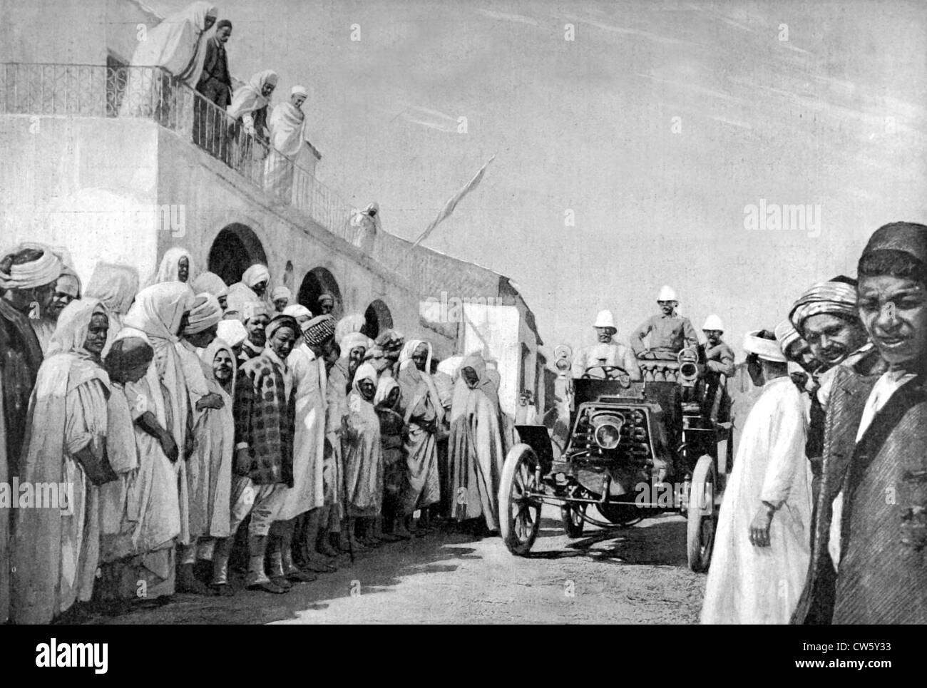 Arrival of a touring car in Testour, Tunisia Stock Photo