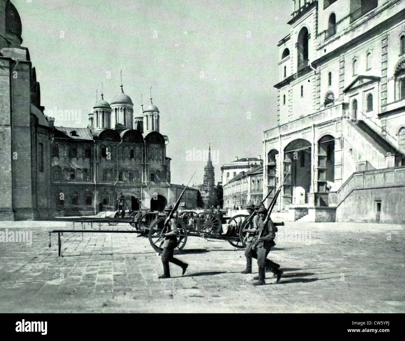In Moscow, Red Army soldiers doing exercises in the empty courtyard of