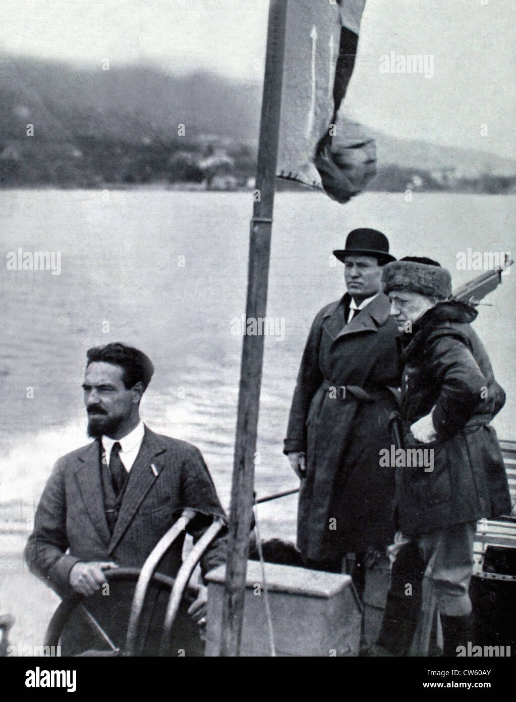 Mussolini and d'Annunzio taking a boat ride on Lake Garda (1925) Stock Photo