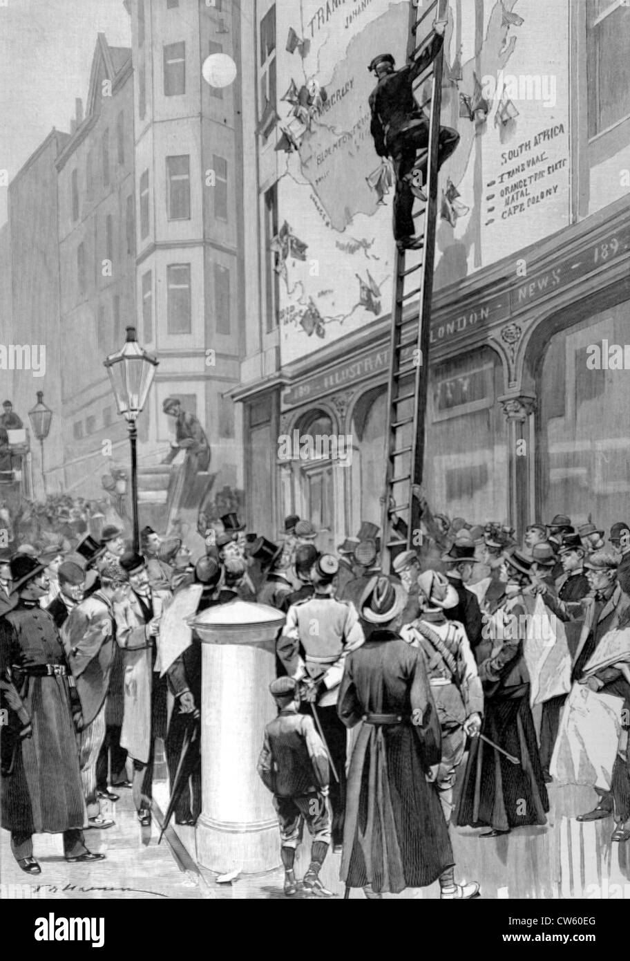 War of the Transvaal. In London, the map of the Transvaal being posted on the façade of the 'Illustrated London News' building Stock Photo