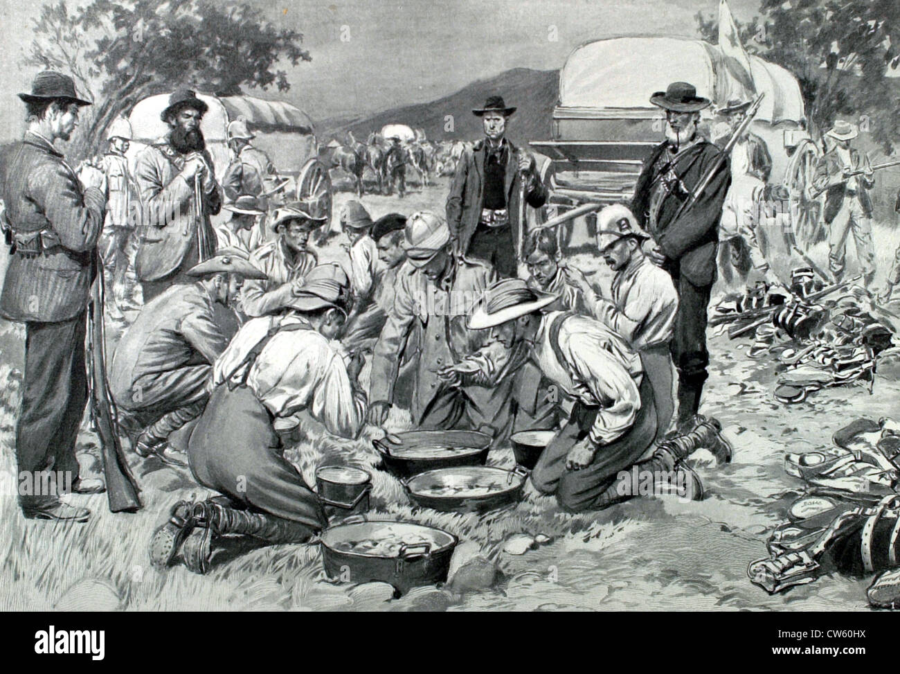 War of the Transvaal. English prisoners eating at a Boer camp  (1901) Stock Photo