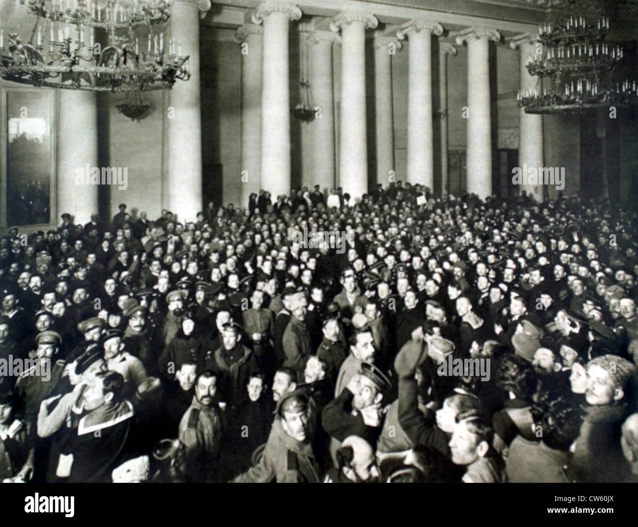 Russian Revolution 1917. In Petrograd in front ot Tauride palace soldiers sailors listening to speech by Mr. Rodzianko Stock Photo