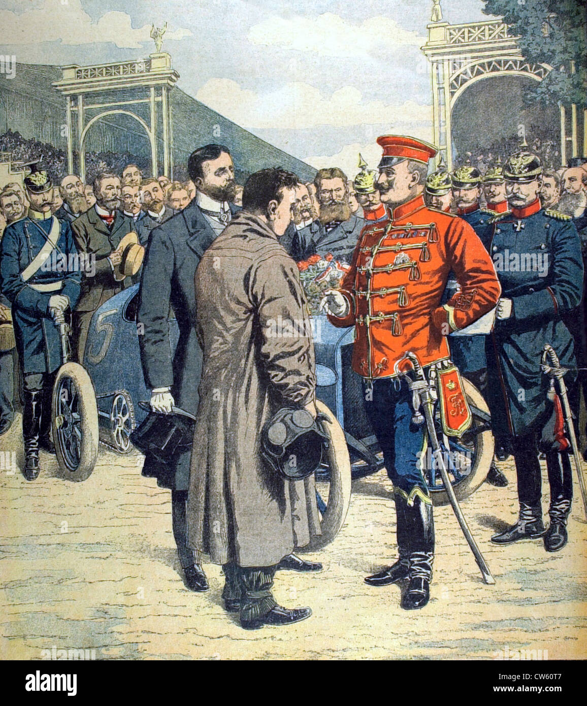 At the finish line of the Gordon-Bennett  Cup,  Kaiser Wilhelm II congratulates Théry (1904) Stock Photo