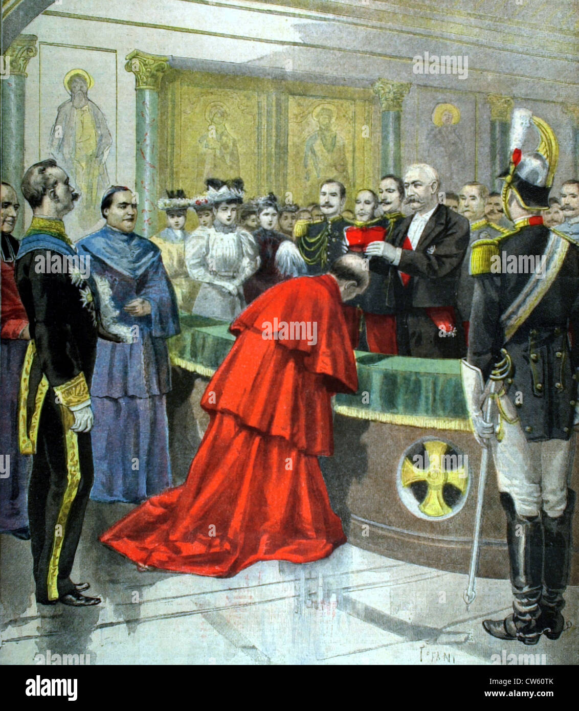 French President Félix Faure bestowing the cardinal's beretta on the papal nuncio, Msgr. Ferrata (1896) Stock Photo
