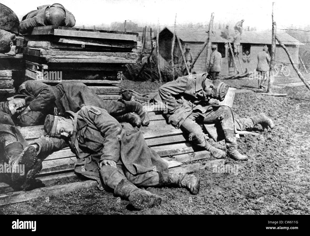 World War I. After the battle, exhausted German prisoners sleeping upon