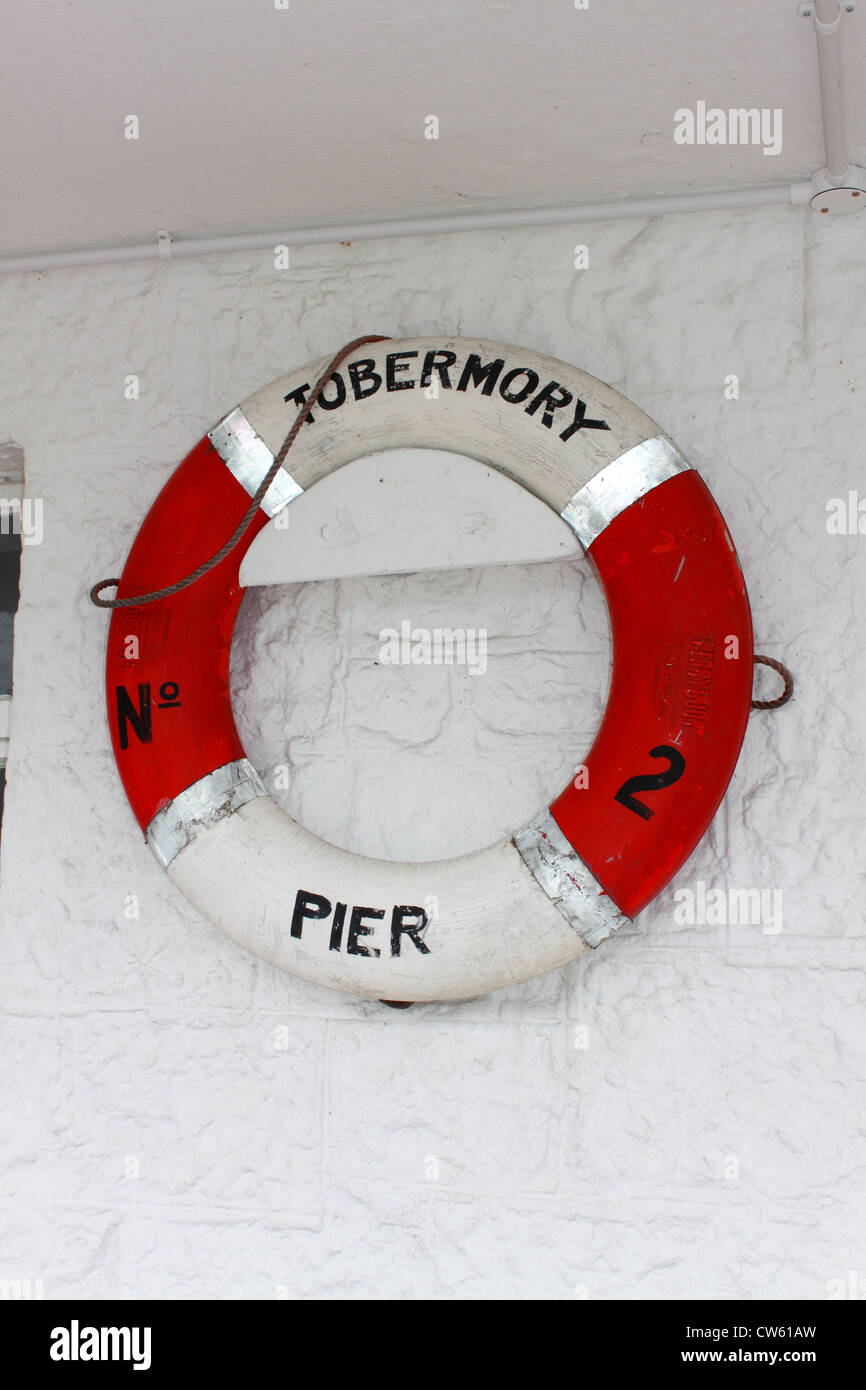 Life-ring at Tobermory Ferry terminal, Mull, Scotland Stock Photo