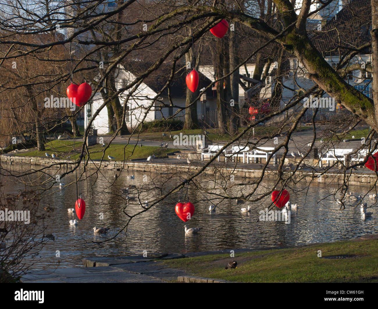 Heart decorations for Christmas in the city park in Stavanger Norway Stock Photo