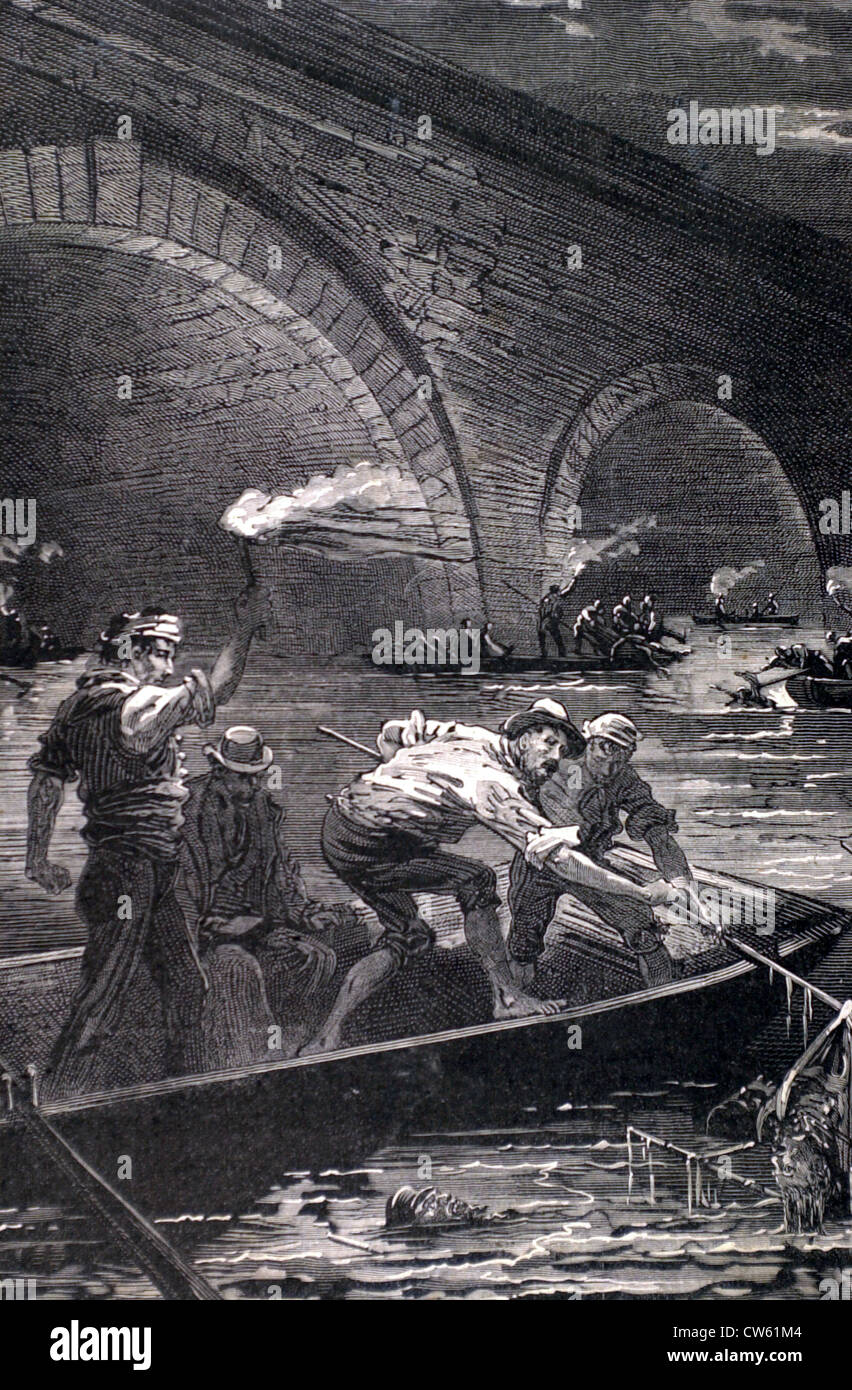 In search of corpses after the disaster of the Logrono flying bridge (9-1-1880) Stock Photo