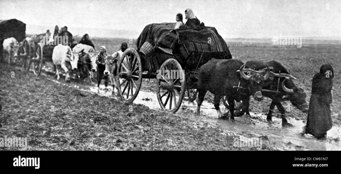 Turkish people fleeing the advancing Bulgarian army (1912) Stock Photo