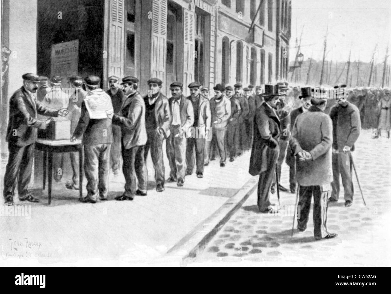 Workers voting to go back to work, during the dockers' strike in Dunkirk, 1902 Stock Photo