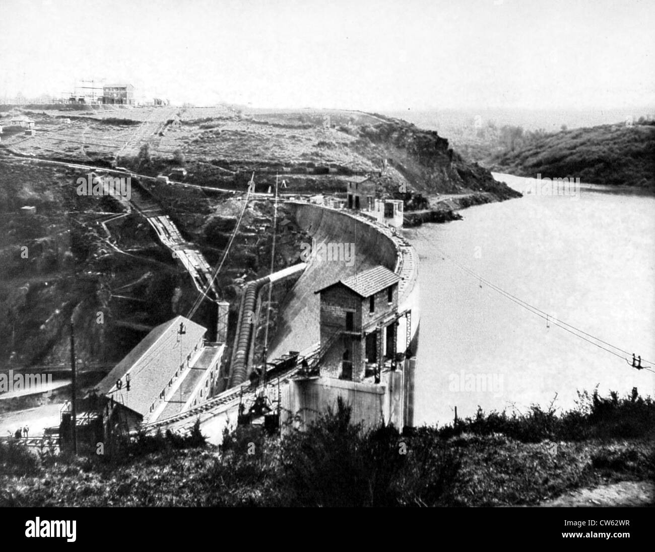 Eguzon dam under construction, in France (1926) Stock Photo