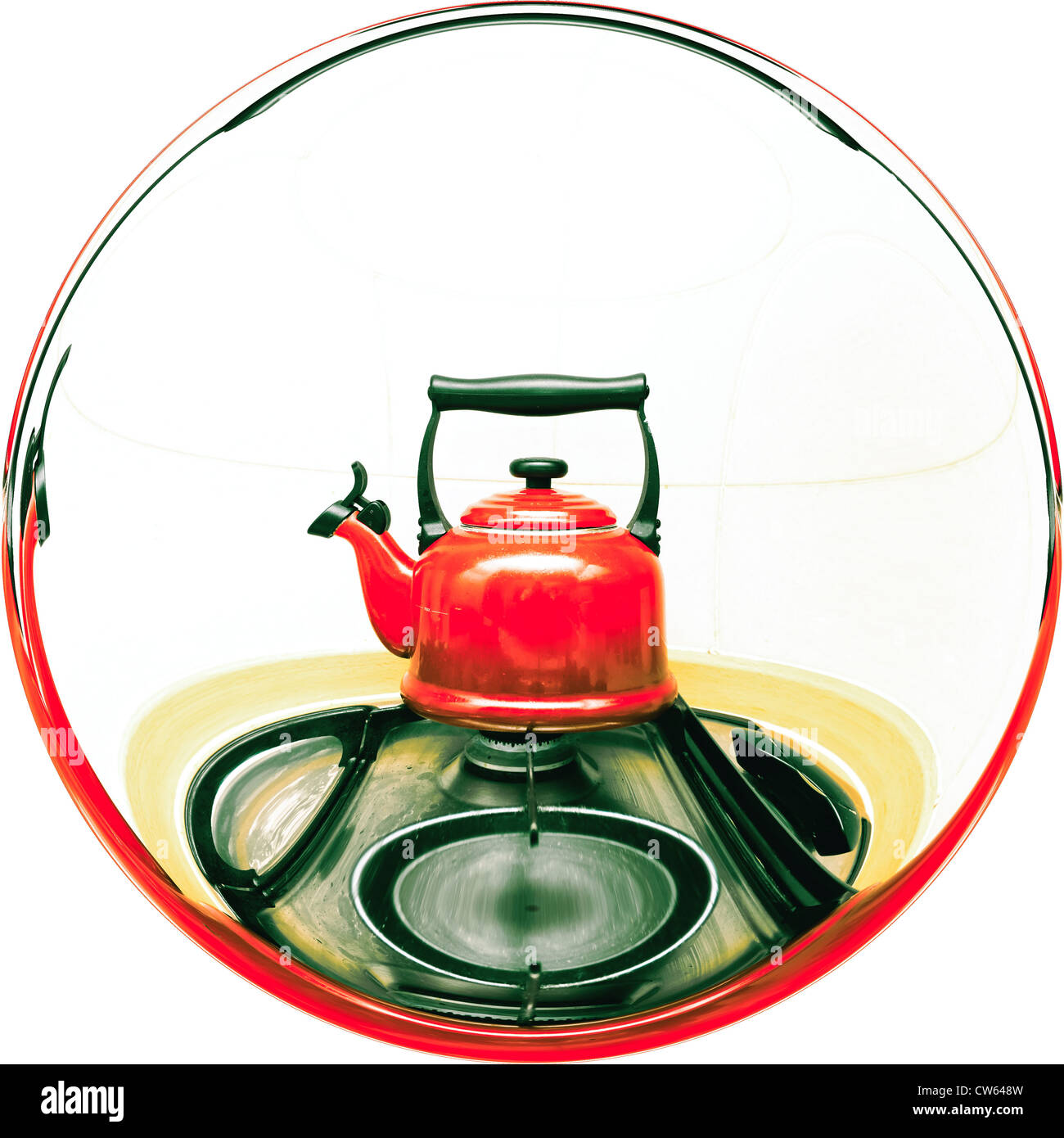 A traditional red whistling kettle on a gas hob Stock Photo Alamy