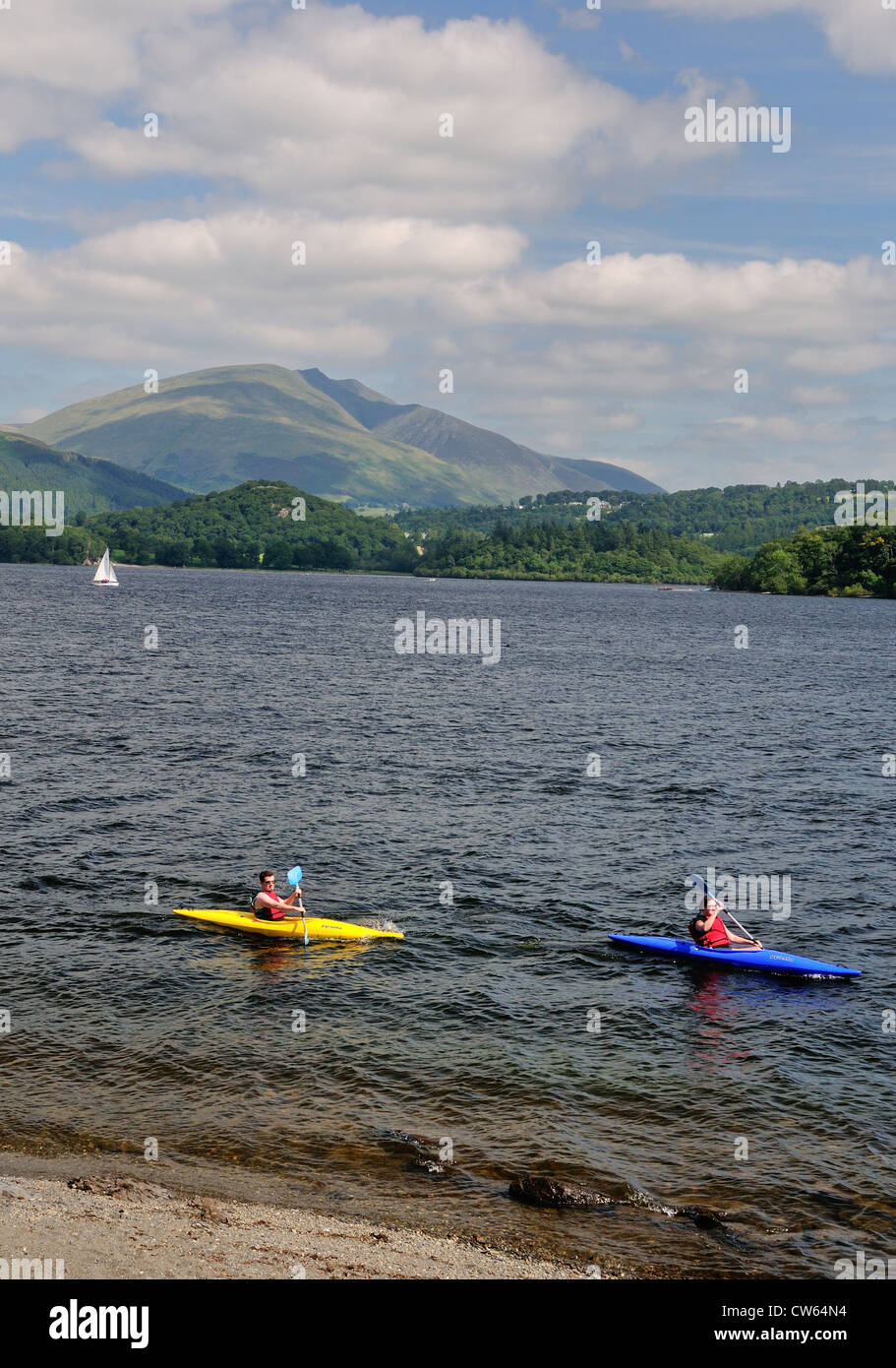 Kayakers on Derwent Water in the English Lake District, with Blencathra in the background Stock Photo
