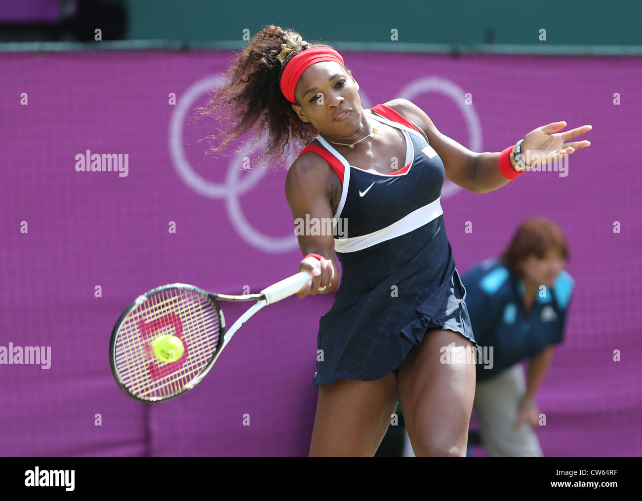 Serena Williams (USA) in action at Wimbledon during the Olympic Games 2012 Stock Photo