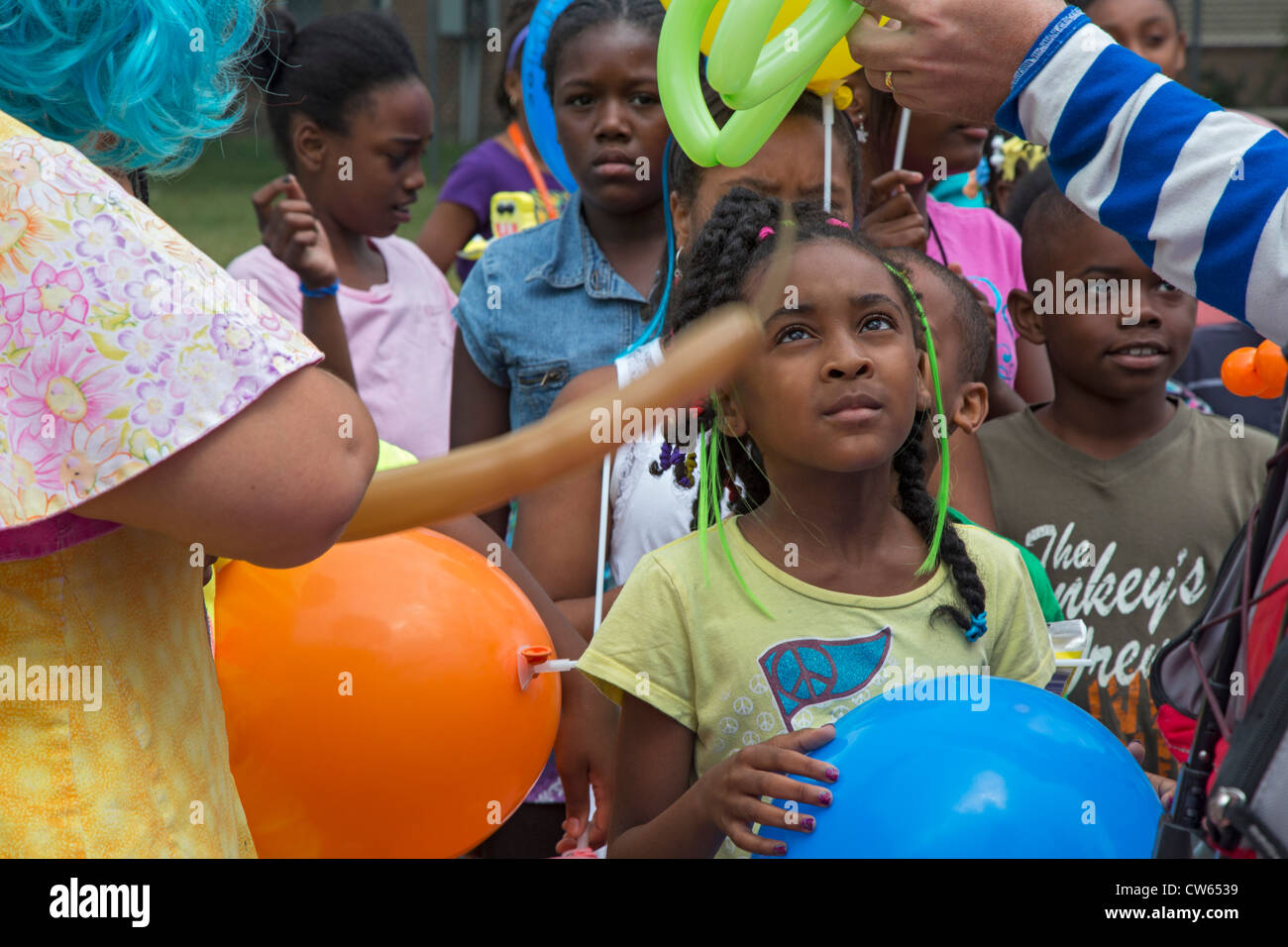 Detroit, Michigan - A Block Party for children at the Boys & Girls Club featured a free lunch, face painting, clowns, and games. Stock Photo