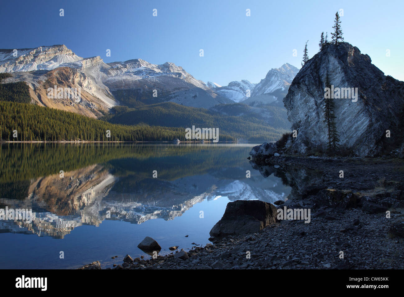 Morning Reflection at Maligne lake, Jasper National Park Stock Photo