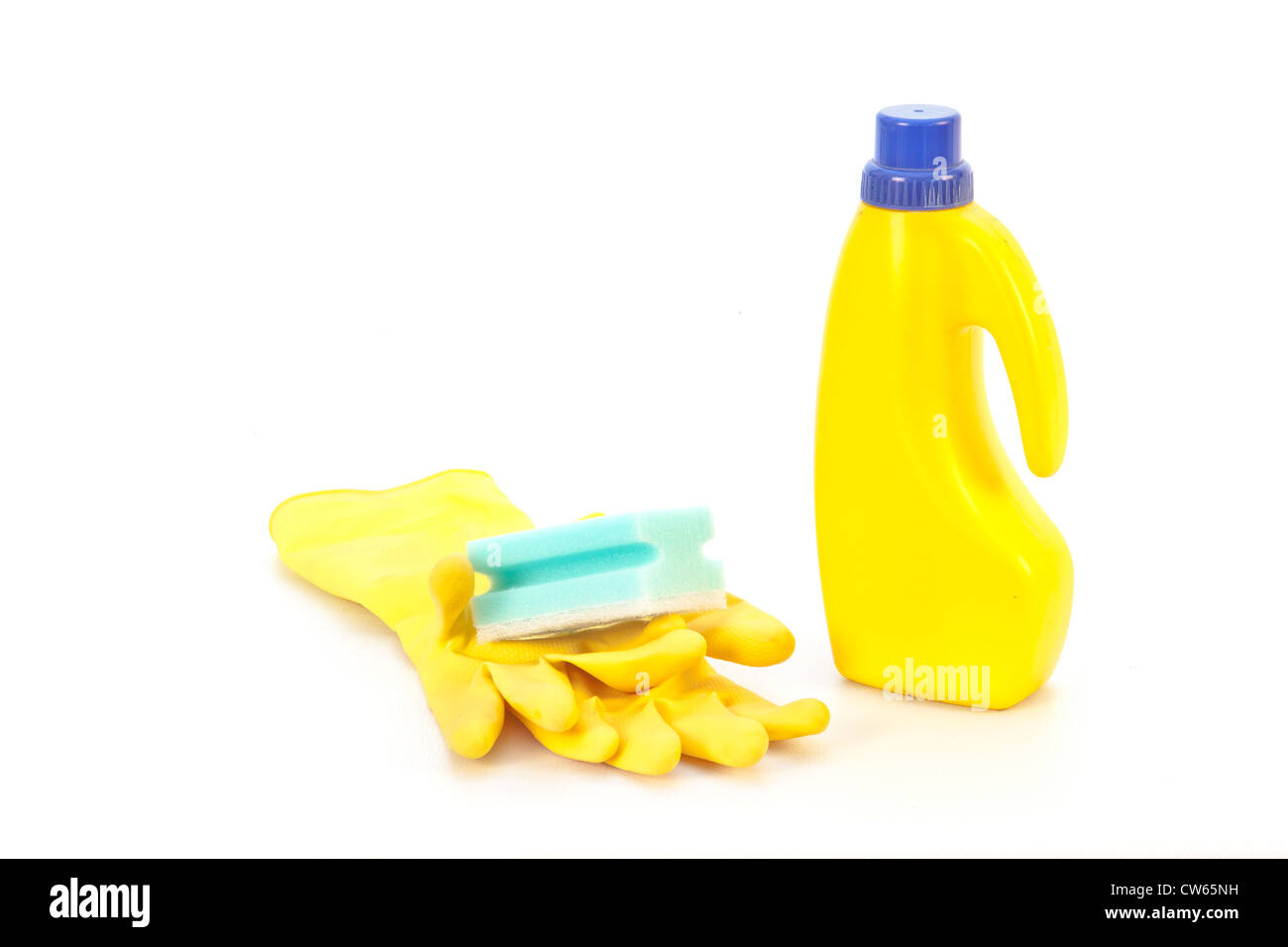 Cleaning fluid and yellow gloves on a white background Stock Photo