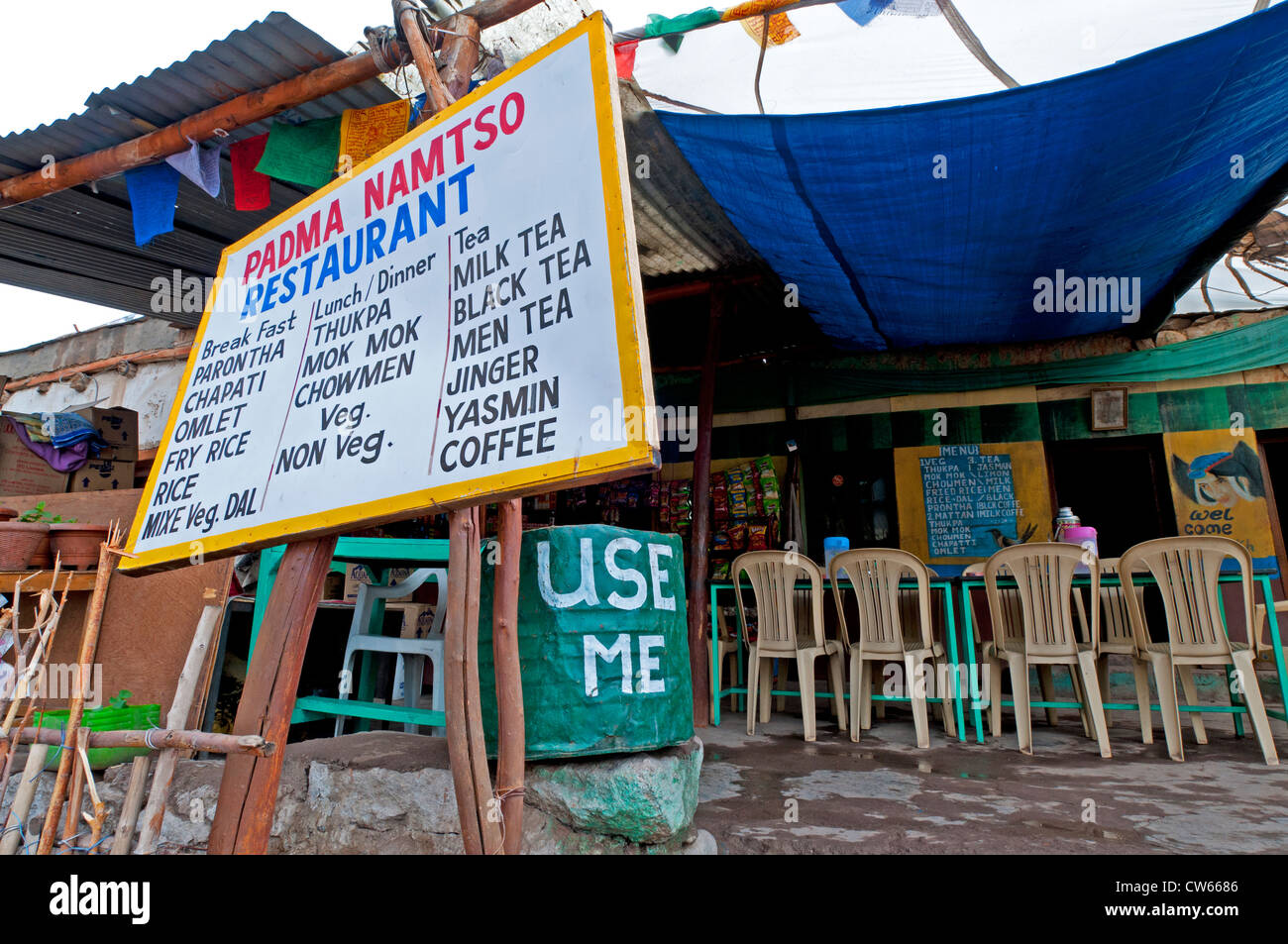 Padma Namtso Restaurant and sign & menu in a town on the Leh-Manali Highway in Ladakh, India Stock Photo