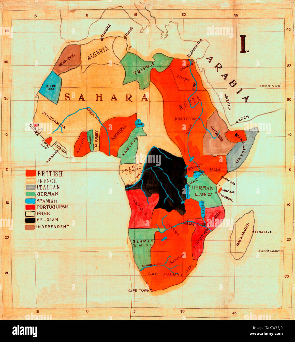 Map of Africa showing European colonies and independent countries in Africa, circa 1908. Stock Photo