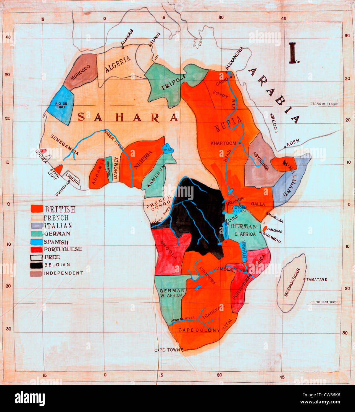 Map of Africa showing European colonies and independent countries in Africa, circa 1908. Stock Photo