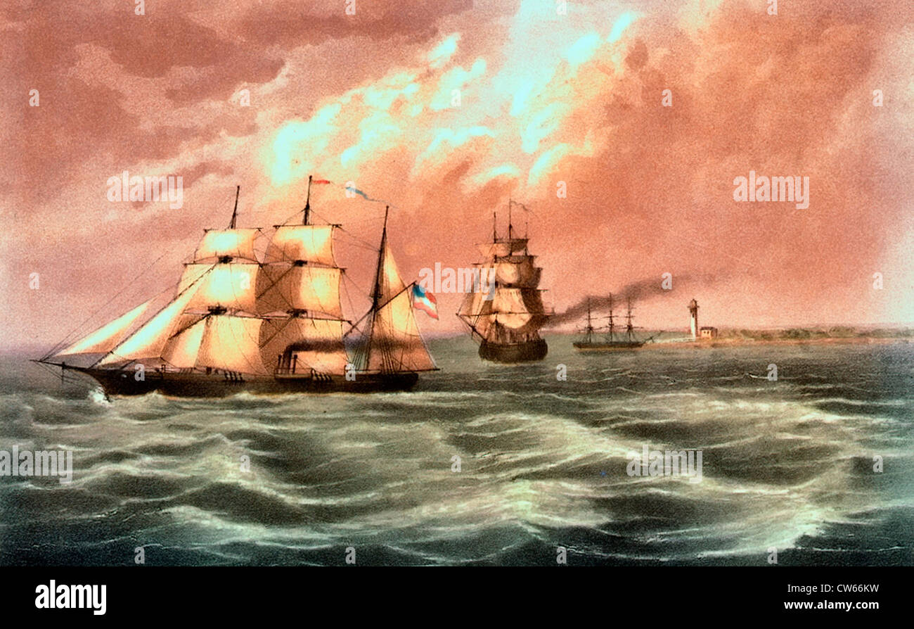 The Sumter running the blockade of Pass à l'Outre, by the enemy's Ship Brooklyn, on the 30th June, 1861, USA Civil War Stock Photo