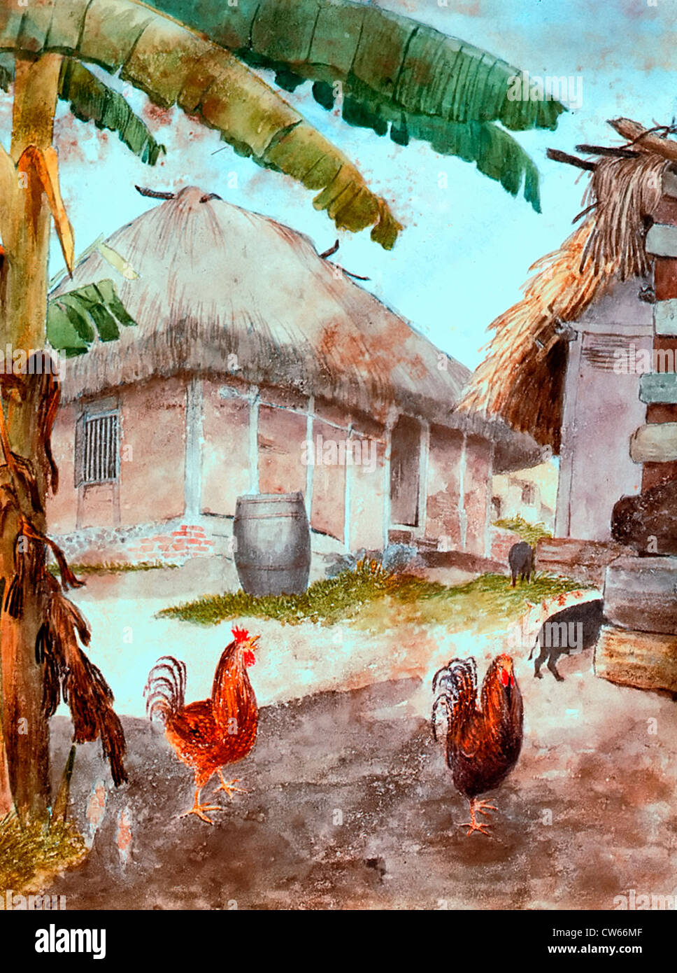 Two chickens, two pigs, and huts, Jamaica, circa 1820 Stock Photo