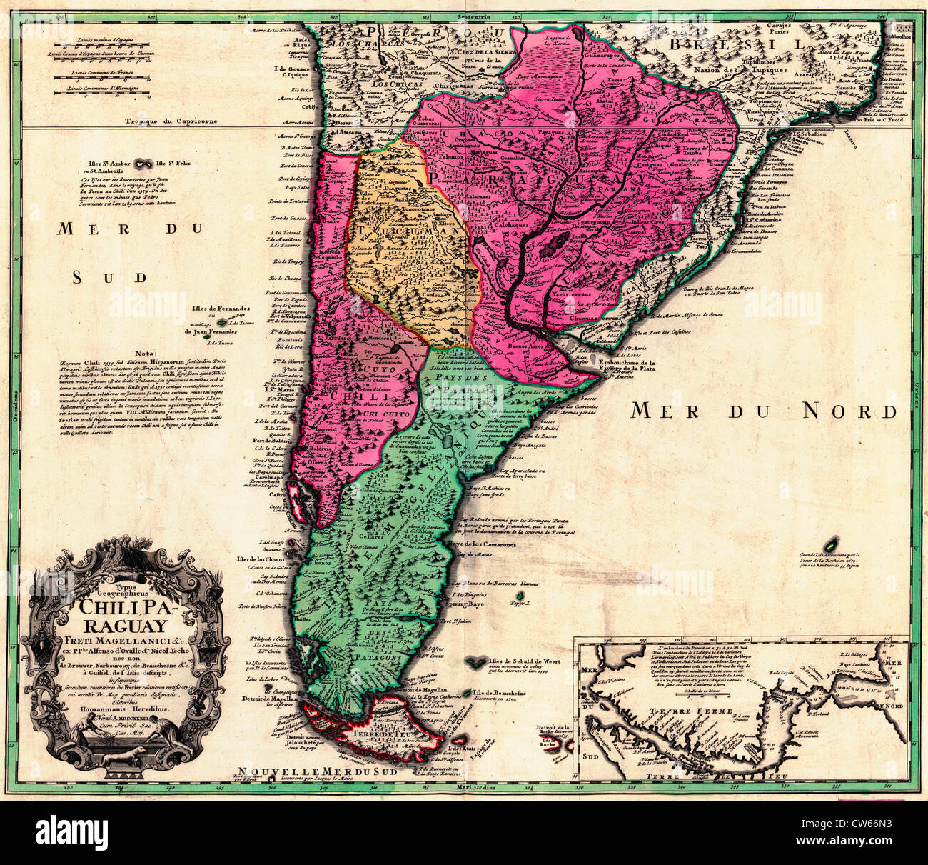 Map of Chile, Paraguay and the Straits of Magellan, circa 1733 Stock Photo